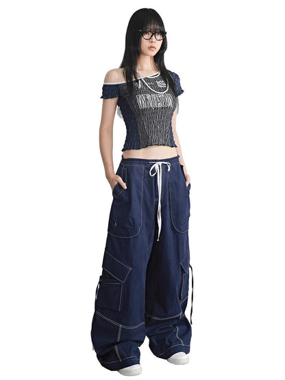 ANYQUESTION Navy Drawstring Topstitch Panel Pocket Structure Women&