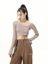 ANYQUESTION Oatmeal Ribbed Drawstring Bell Sleeve Women&