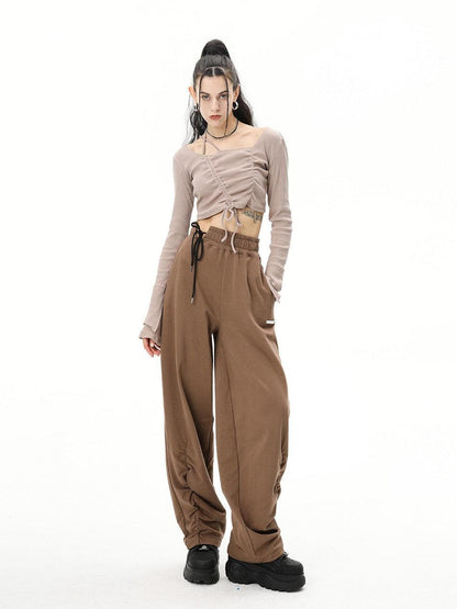 ANYQUESTION Oatmeal Ribbed Drawstring Bell Sleeve Women&