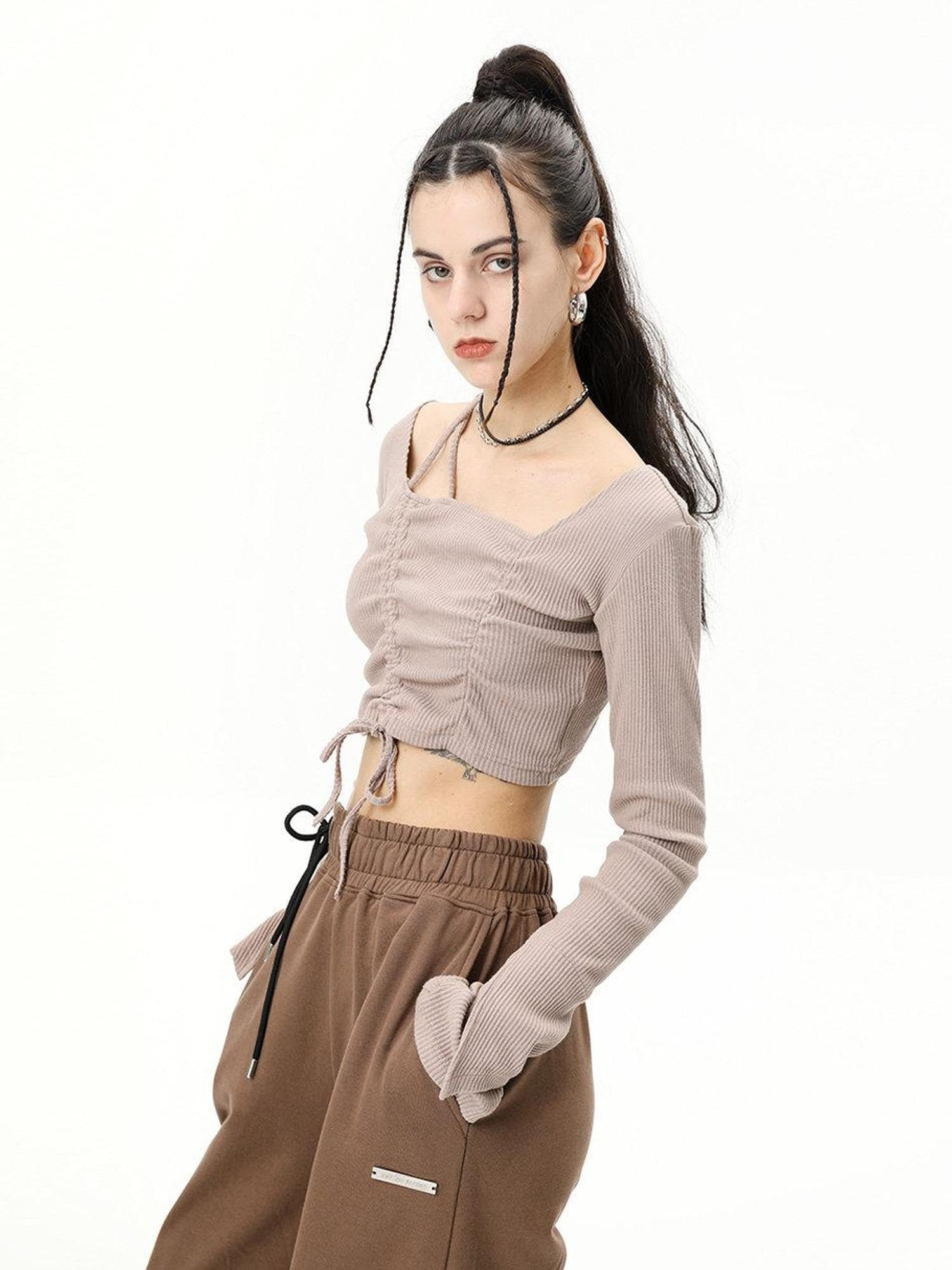 ANYQUESTION Oatmeal Ribbed Drawstring Bell Sleeve Women&