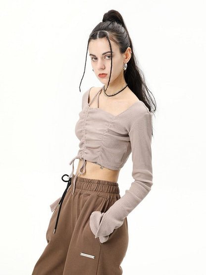 ANYQUESTION Oatmeal Ribbed Drawstring Bell Sleeve Women&