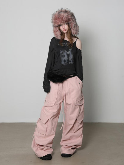 Pink 3d Pocket Structured Drawstring Mid Low Waist Women&