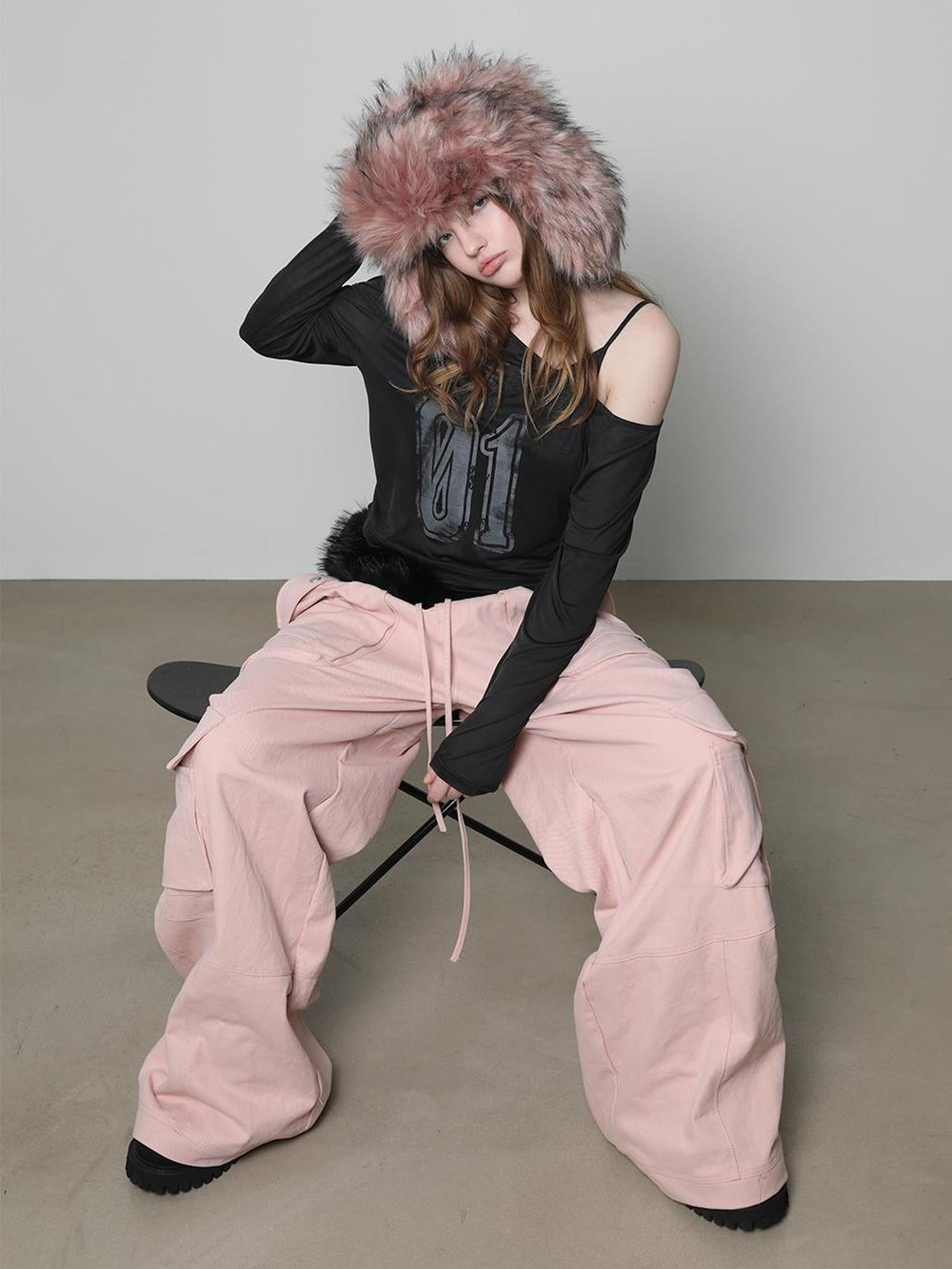 Pink 3d Pocket Structured Drawstring Mid Low Waist Women&
