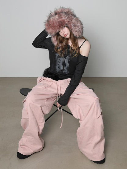 Pink 3d Pocket Structured Drawstring Mid Low Waist Women&