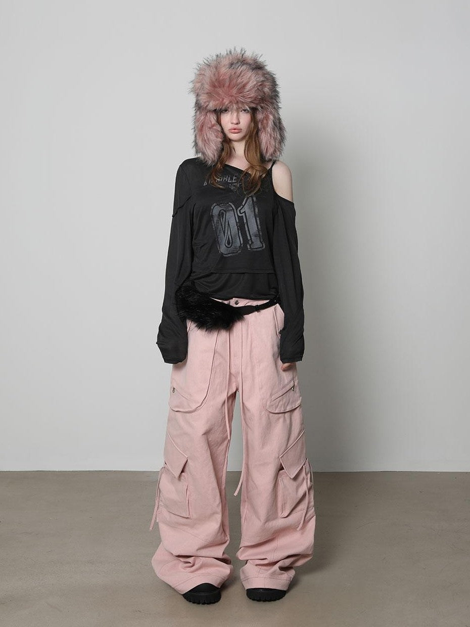 Pink 3d Pocket Structured Drawstring Mid Low Waist Women&