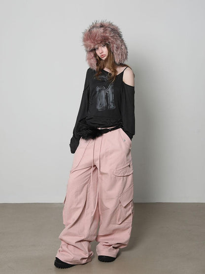 Pink 3d Pocket Structured Drawstring Mid Low Waist Women&