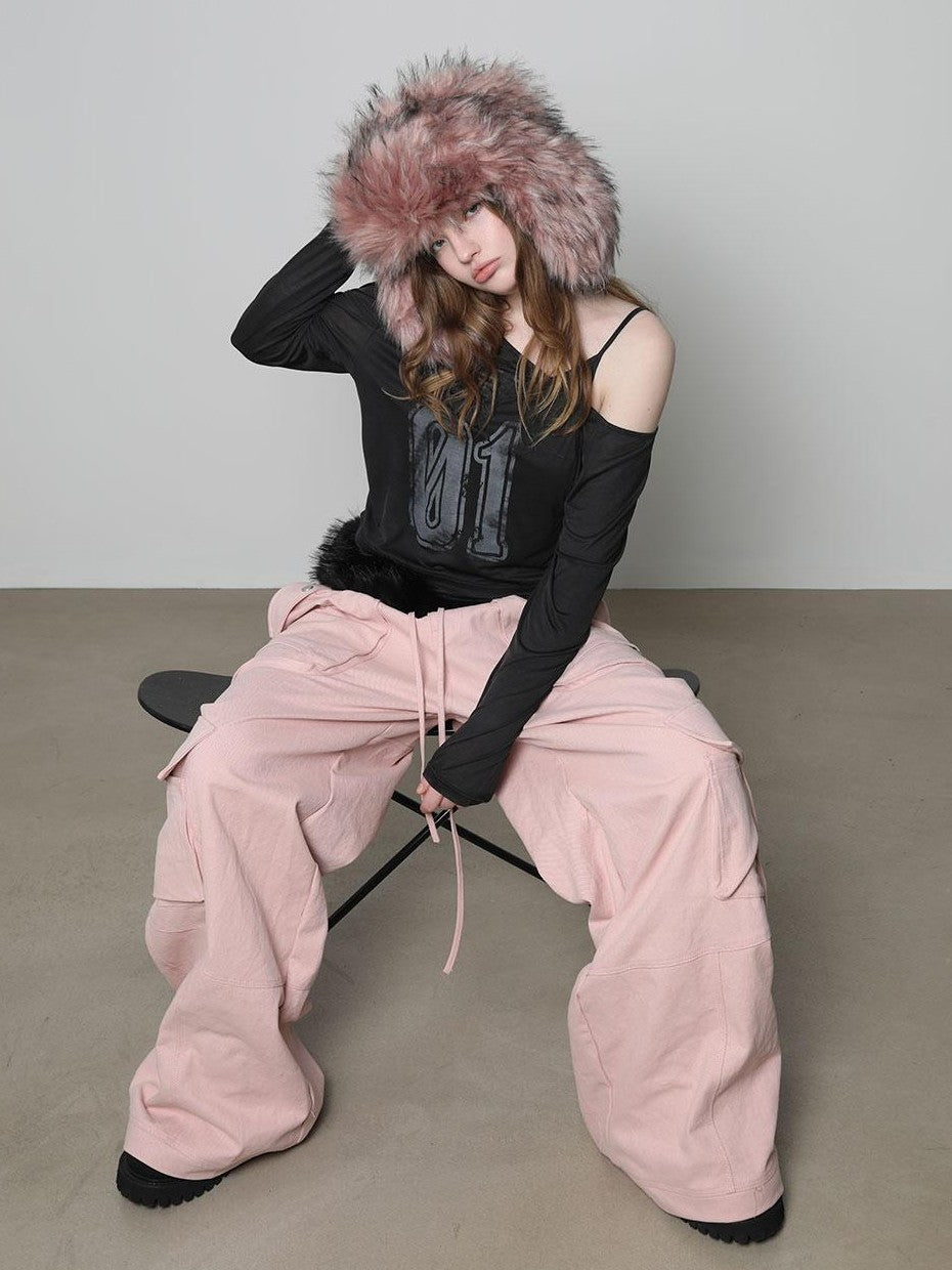 Pink 3d Pocket Structured Drawstring Mid Low Waist Women&