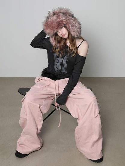 Pink 3d Pocket Structured Drawstring Mid Low Waist Women&