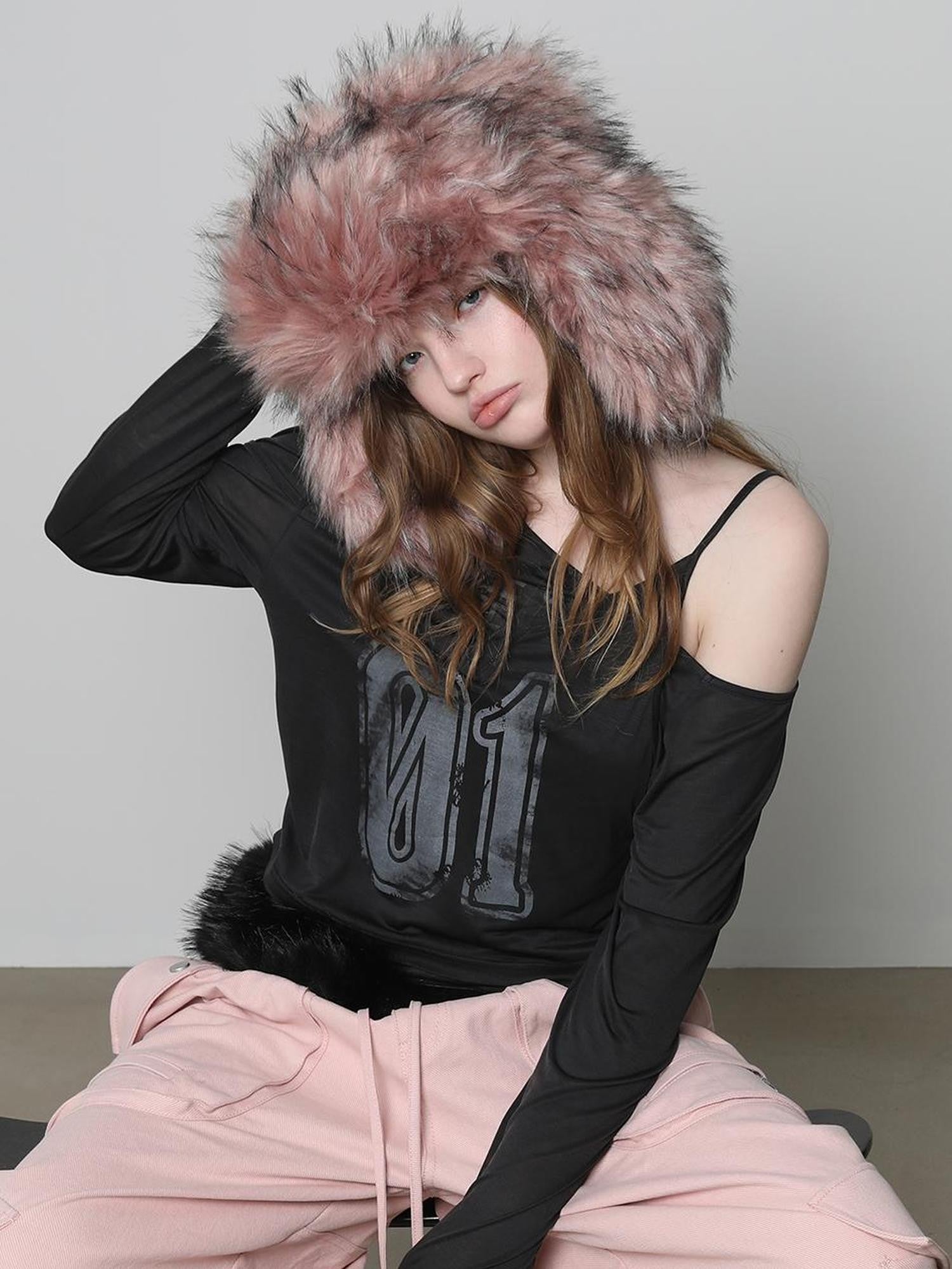 ANYQUESTION Pink White Brown Warm Long Fur Earflap Trapper Women&
