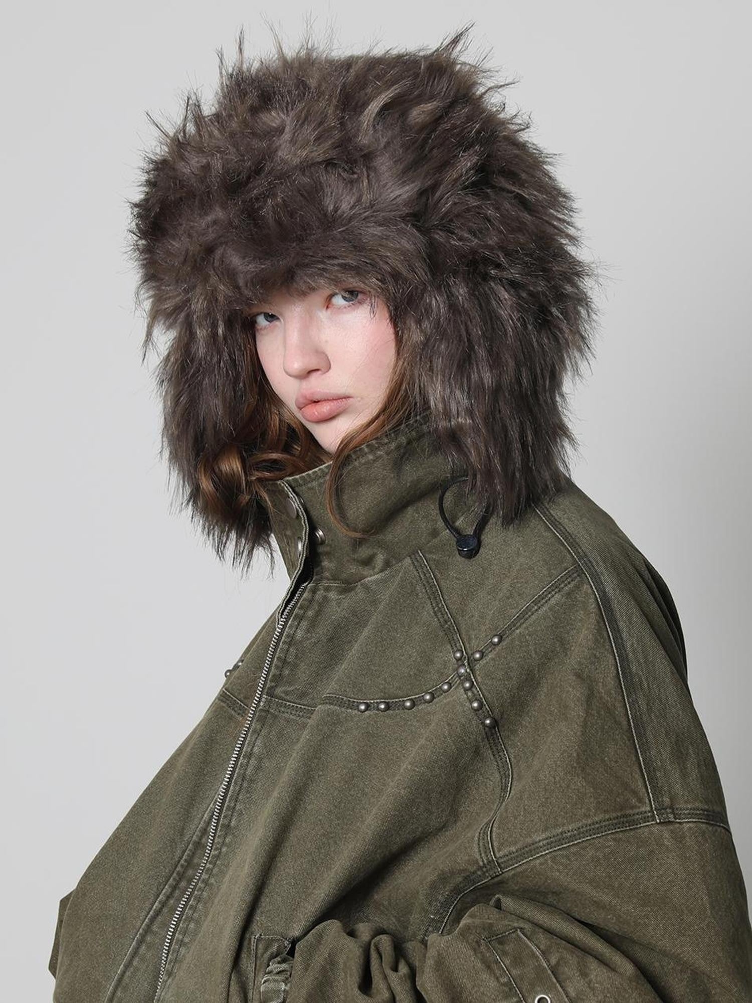 ANYQUESTION Pink White Brown Warm Long Fur Earflap Trapper Women&
