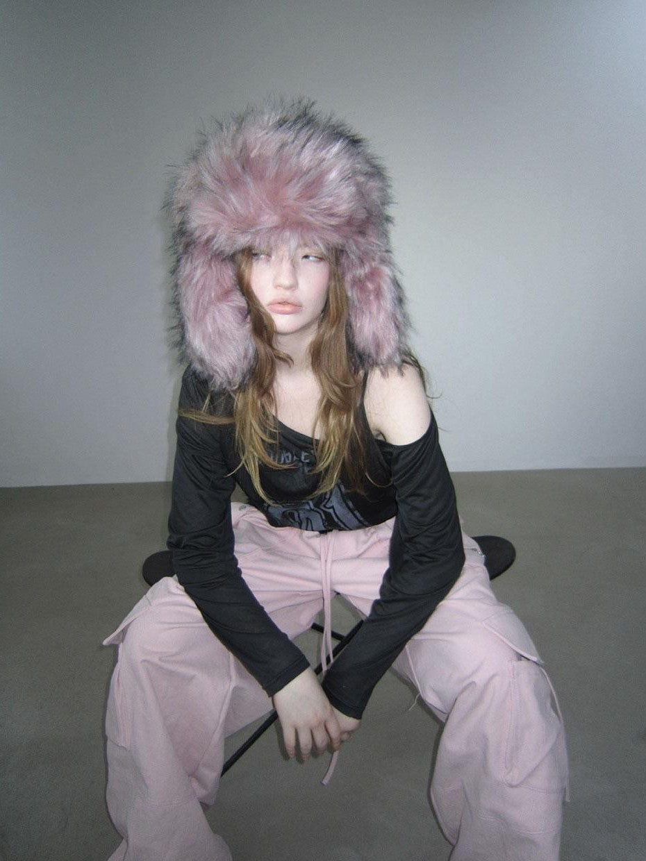 ANYQUESTION Pink White Brown Warm Long Fur Earflap Trapper Women&