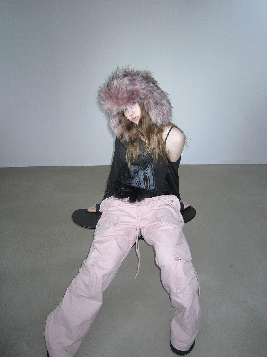ANYQUESTION Pink White Brown Warm Long Fur Earflap Trapper Women&