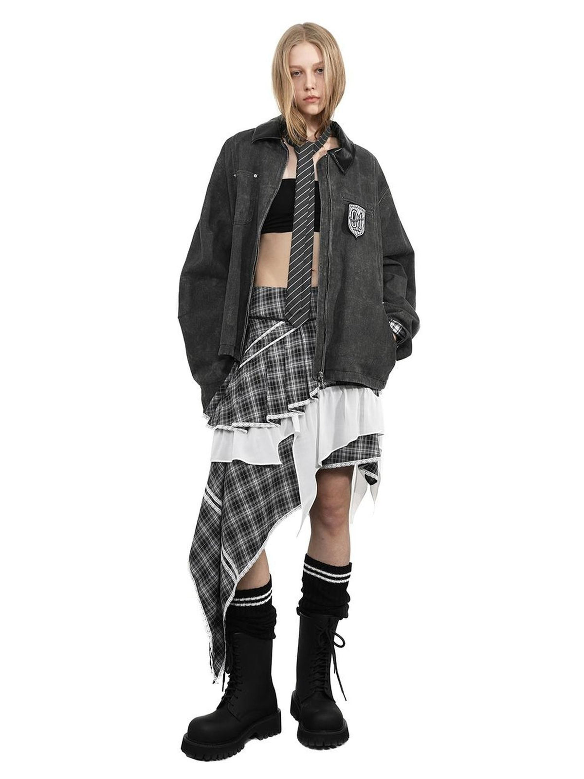 ANYQUESTION Plaid Color Block Asymmetric Streetwear A Line Women&