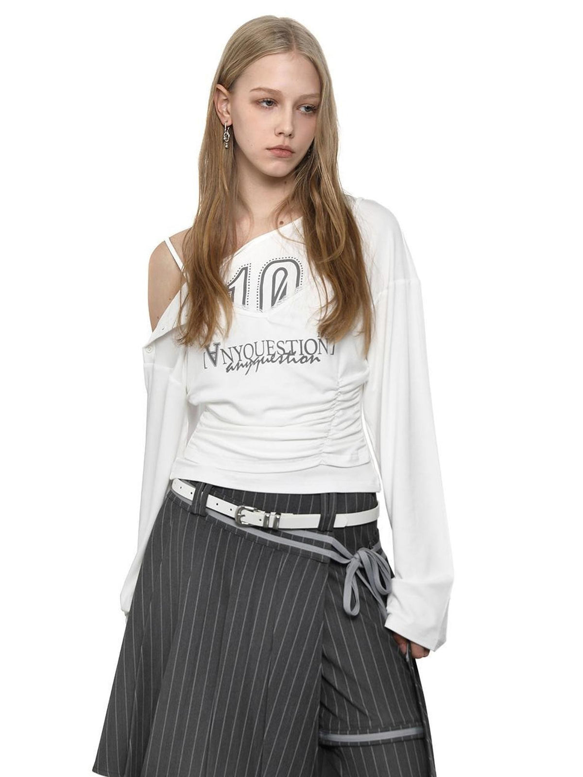 ANYQUESTION Print Faux Two Piece Cinched Waist Women&
