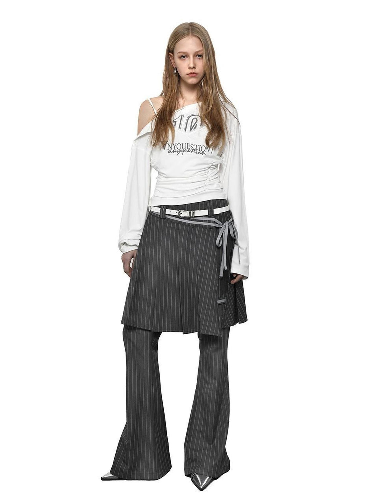 ANYQUESTION Print Faux Two Piece Cinched Waist Women&