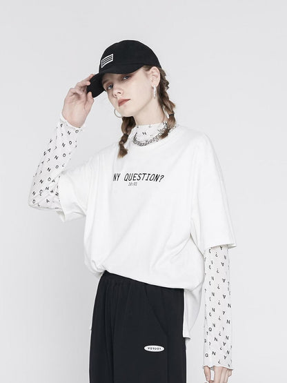 ANYQUESTION Sheer Mesh White Letter All Over Print Women&