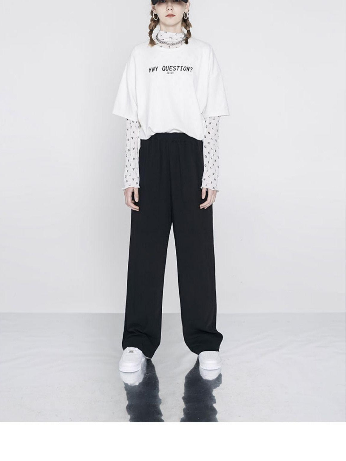 ANYQUESTION Sheer Mesh White Letter All Over Print Women&