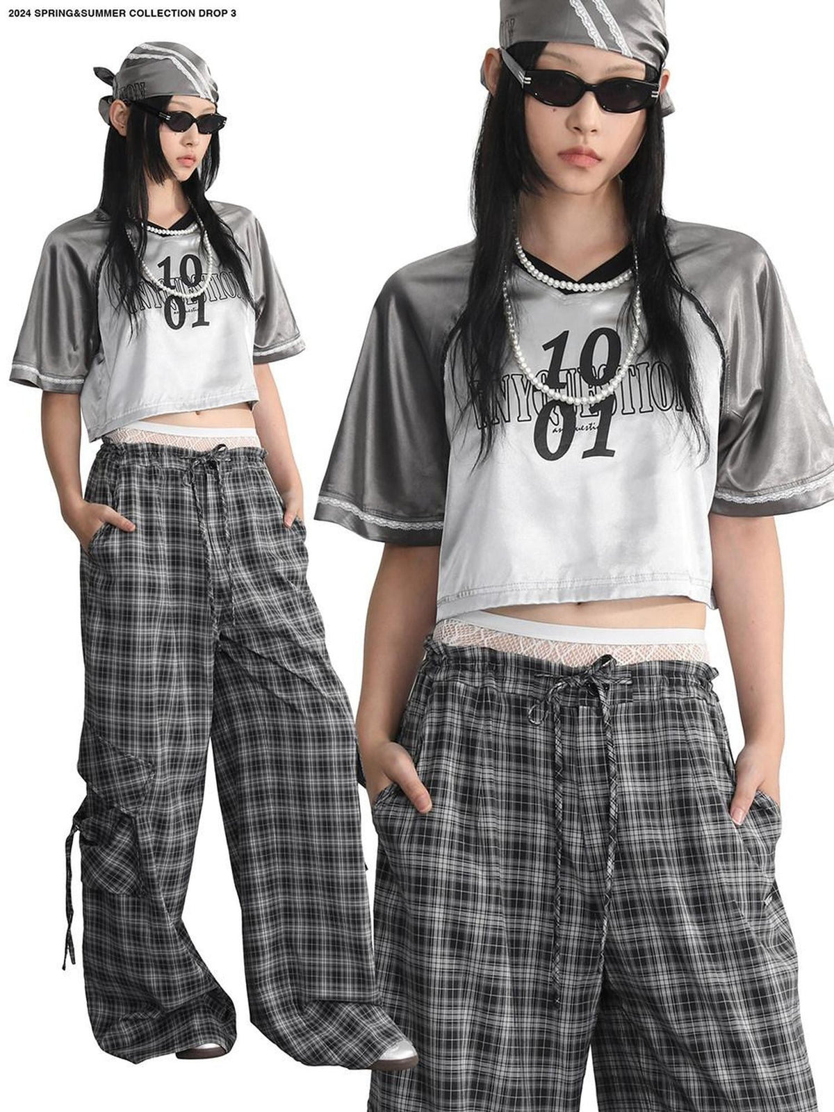 ANYQUESTION Silver Gray Satin Colorblock V-neck Baseball Women&