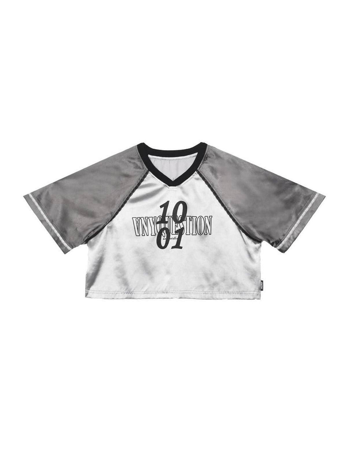 ANYQUESTION Silver Gray Satin Colorblock V-neck Baseball Women&