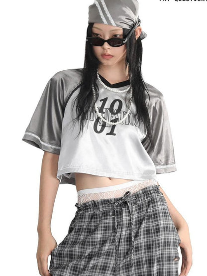 ANYQUESTION Silver Gray Satin Colorblock V-neck Baseball Women&