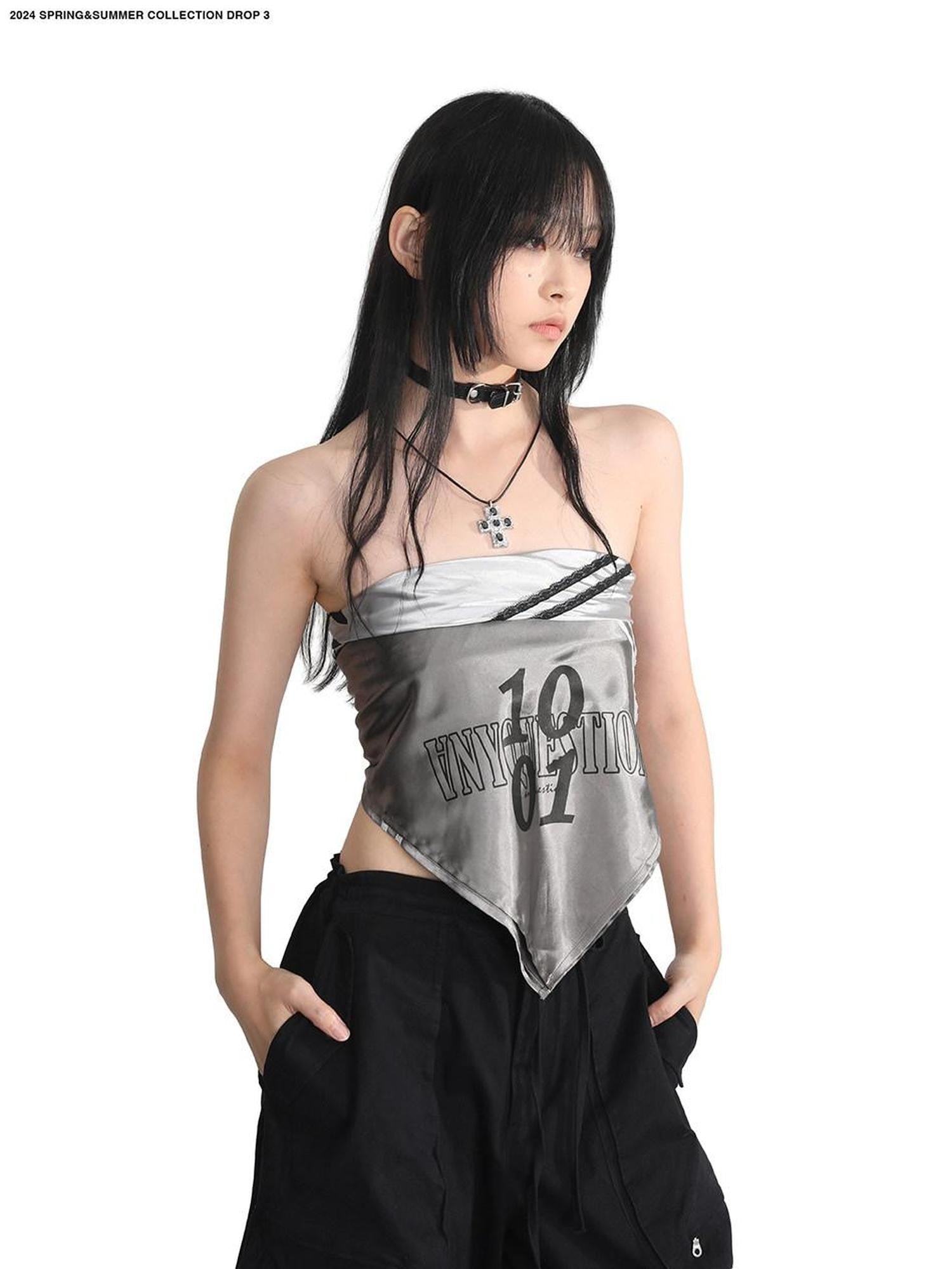 ANYQUESTION Silver Gunmetal Two Tone Letter Print Lace Applique Women&