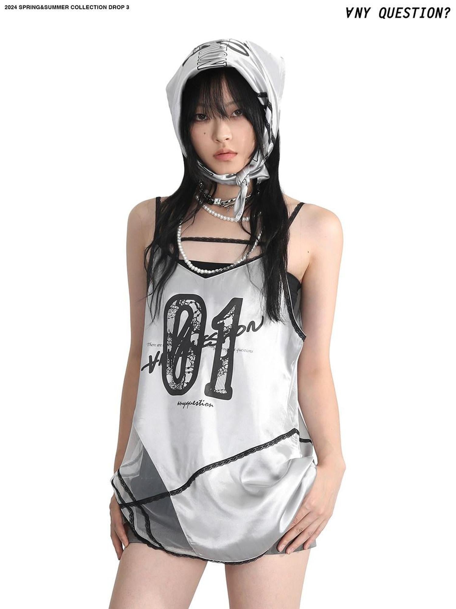 ANYQUESTION Silver Gunmetal Two Tone Letter Print Lace Applique Women&