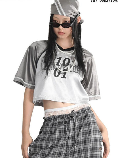 ANYQUESTION Silver Gunmetal Two Tone Letter Print Lace Applique Women&