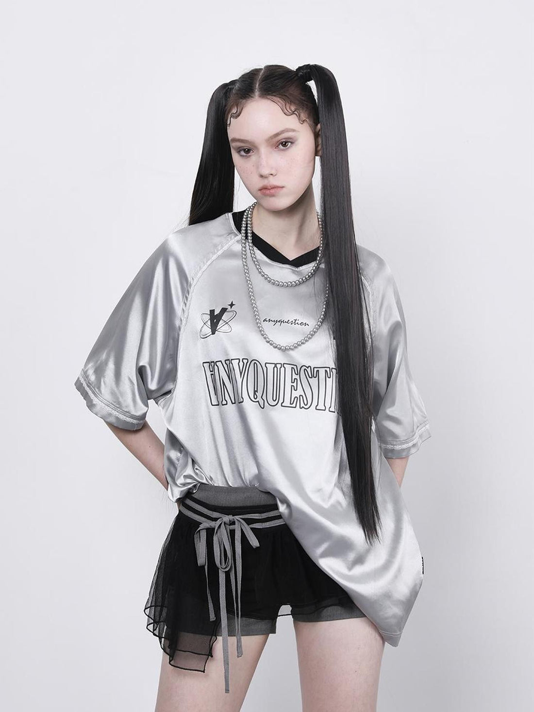 ANYQUESTION Silver Lace Letter Print Raglan V-neck Women&