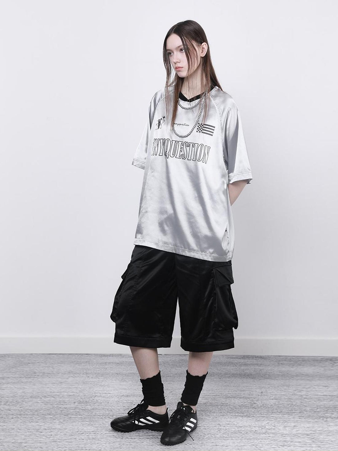 ANYQUESTION Silver Lace Letter Print Raglan V-neck Women&