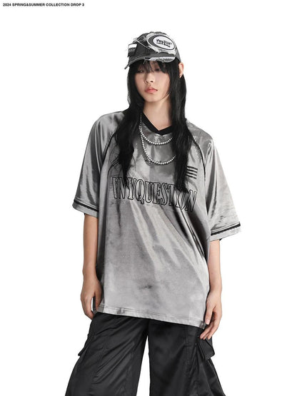 ANYQUESTION Silver Lace Letter Print Raglan V-neck Women&