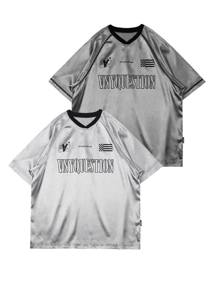 ANYQUESTION Silver Lace Letter Print Raglan V-neck Women&