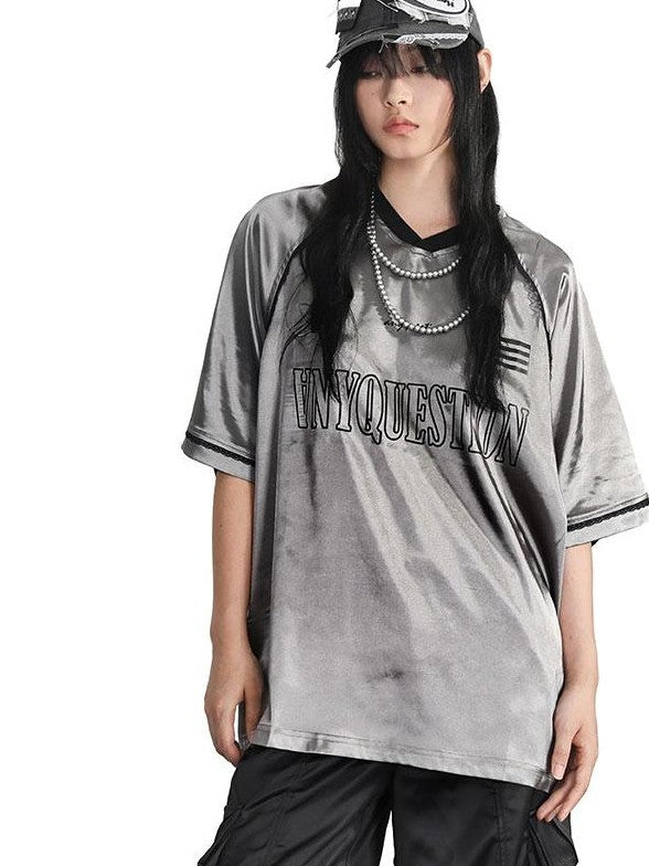 ANYQUESTION Silver Lace Letter Print Raglan V-neck Women&