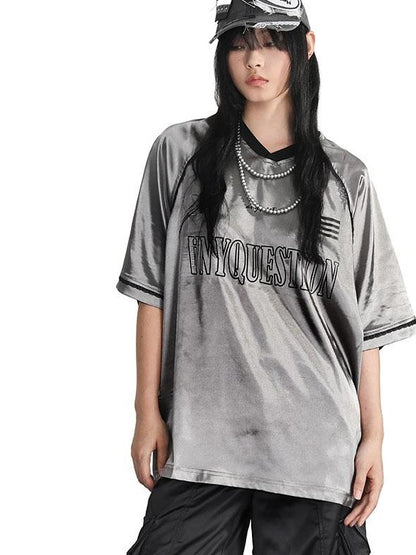 ANYQUESTION Silver Lace Letter Print Raglan V-neck Women&