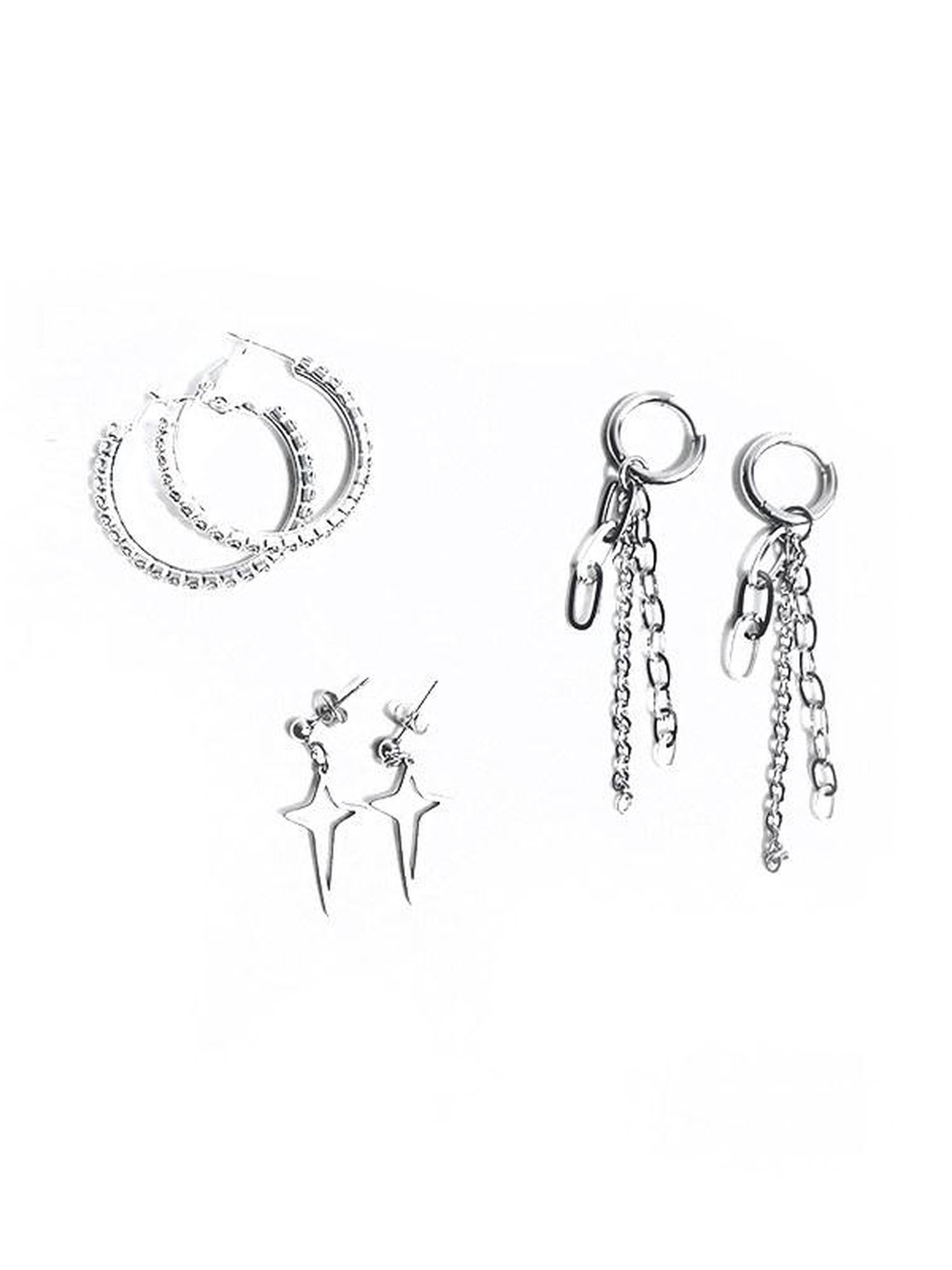 ANYQUESTION Sparkling Dainty Chain Hoop Star Stud Women&
