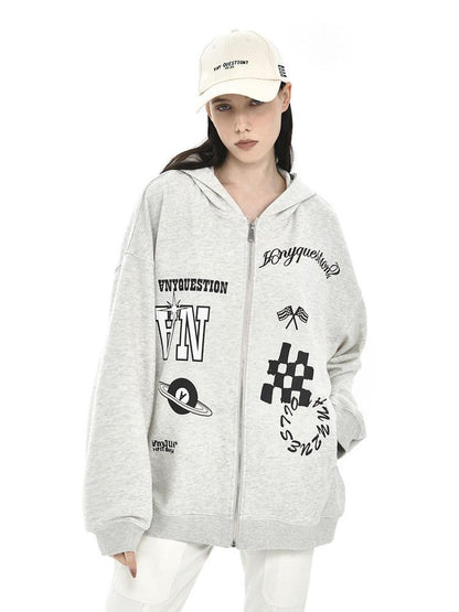 ANYQUESTION Speckled Gray Letter Print Oversized Women&