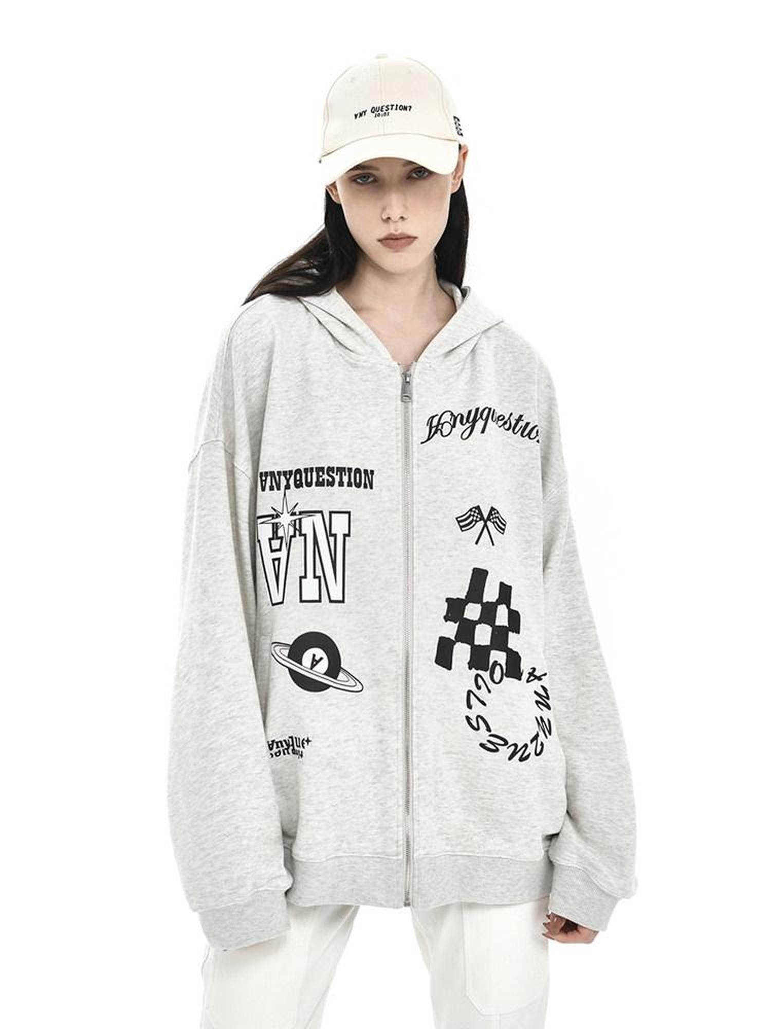 ANYQUESTION Speckled Gray Letter Print Oversized Women&