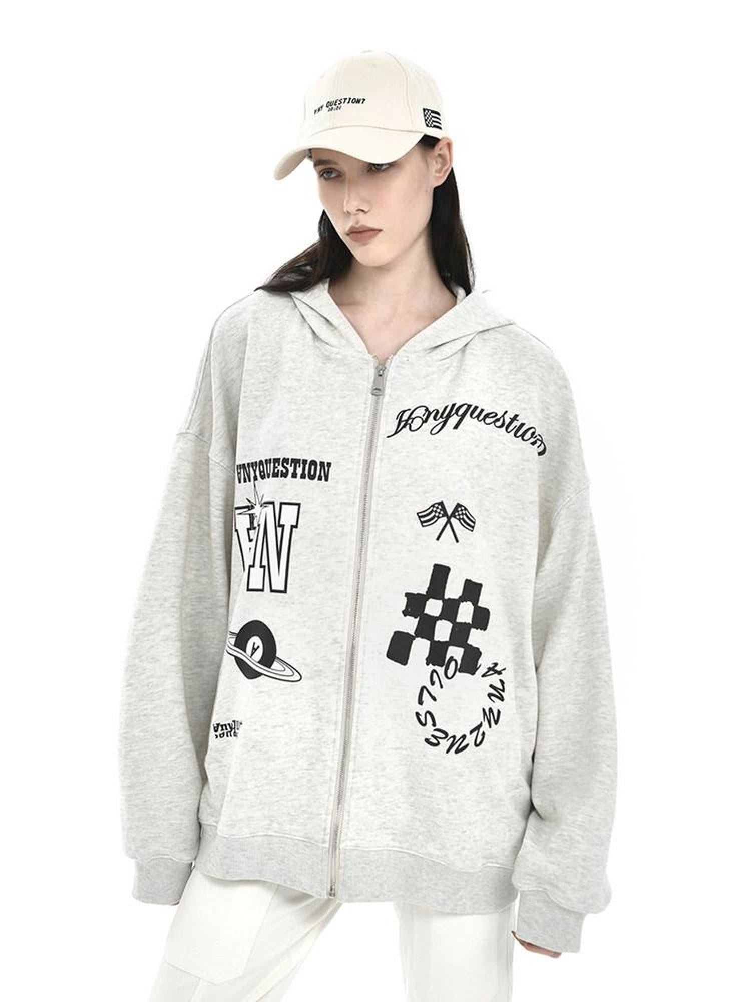 ANYQUESTION Speckled Gray Letter Print Oversized Women&