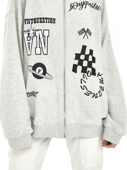 ANYQUESTION Speckled Gray Letter Print Oversized Women&