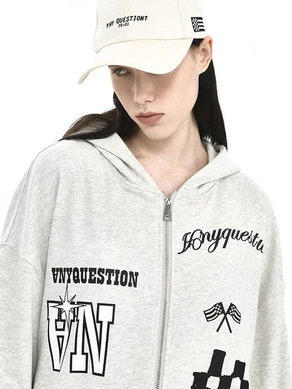ANYQUESTION Speckled Gray Letter Print Oversized Women&