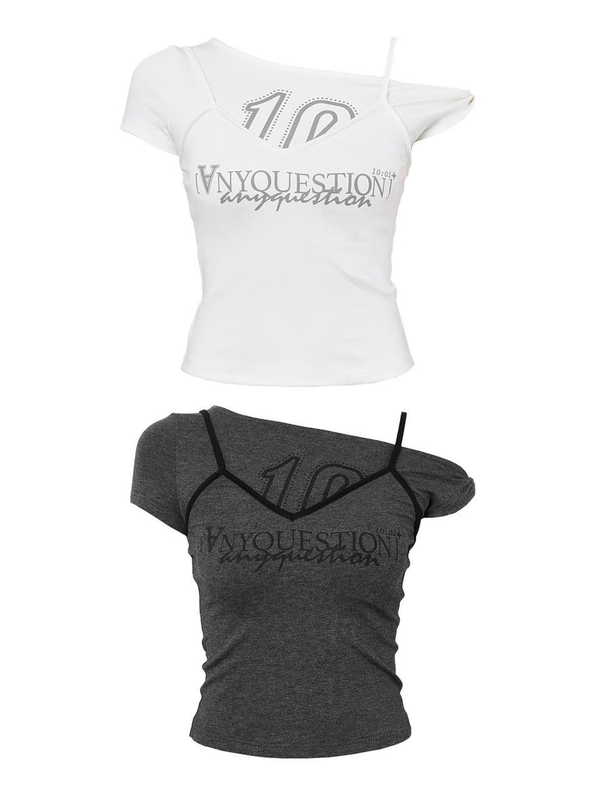 ANYQUESTION Spliced Faux Halter Twisted Crop Letter Women&