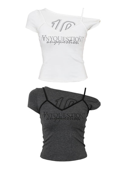 ANYQUESTION Spliced Faux Halter Twisted Crop Letter Women&
