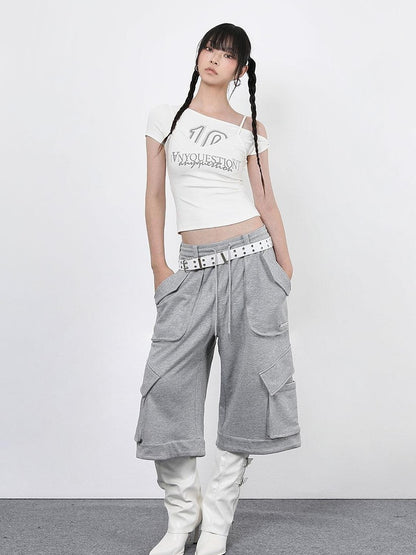 ANYQUESTION Spliced Faux Halter Twisted Crop Letter Women&