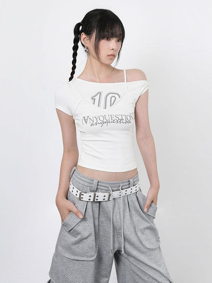 ANYQUESTION Spliced Faux Halter Twisted Crop Letter Women&