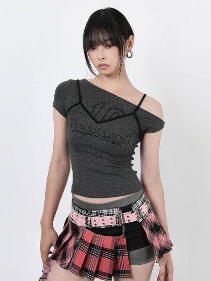 ANYQUESTION Spliced Faux Halter Twisted Crop Letter Women&