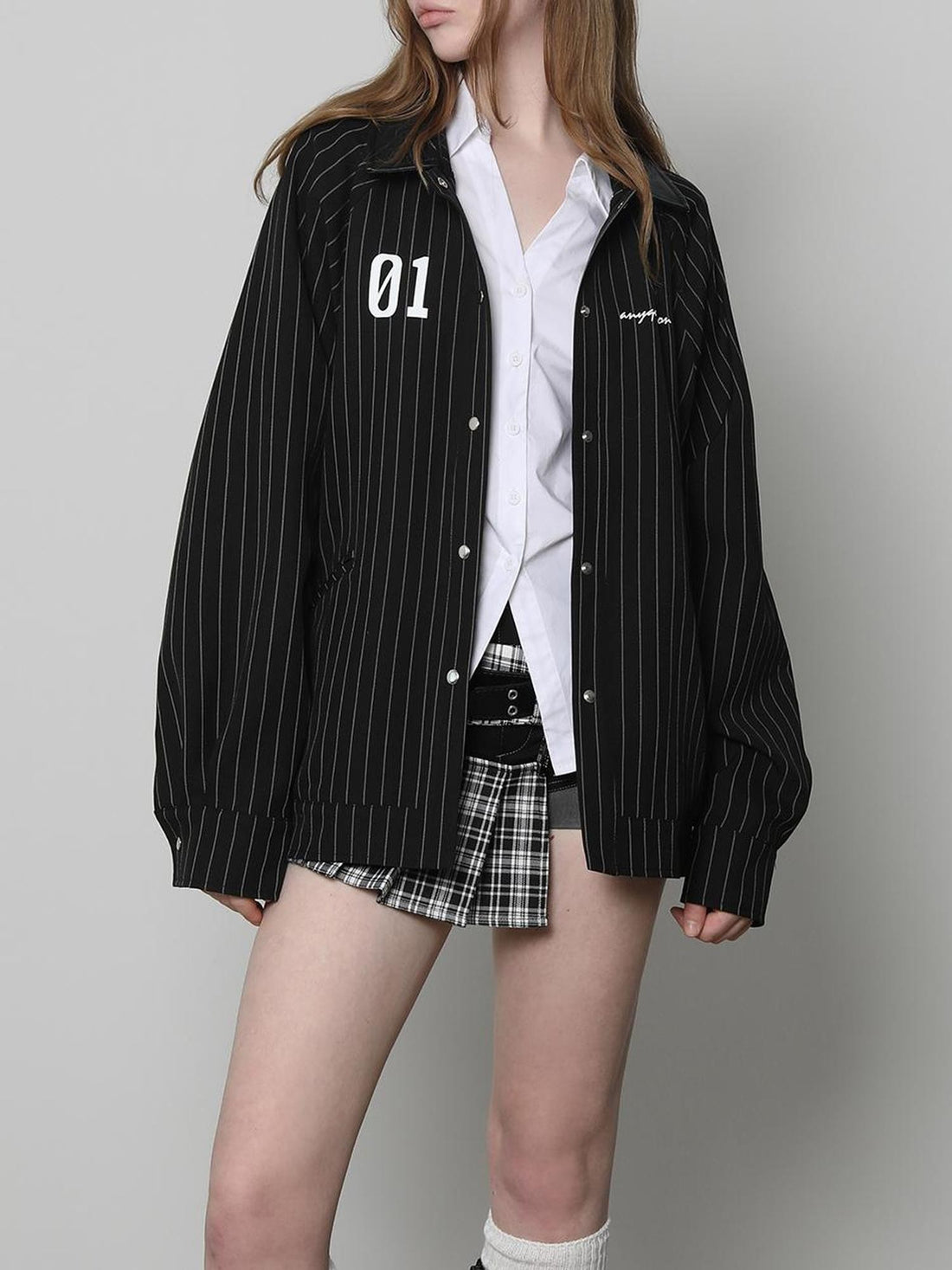 ANYQUESTION Striped Detachable Leather Collar Loose Fit Women&