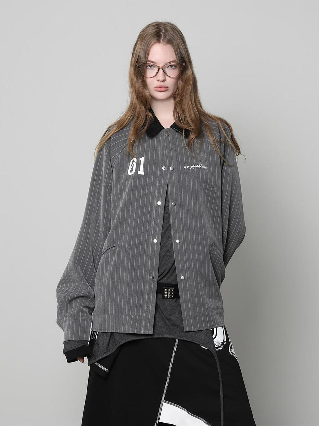 ANYQUESTION Striped Detachable Leather Collar Loose Fit Women&