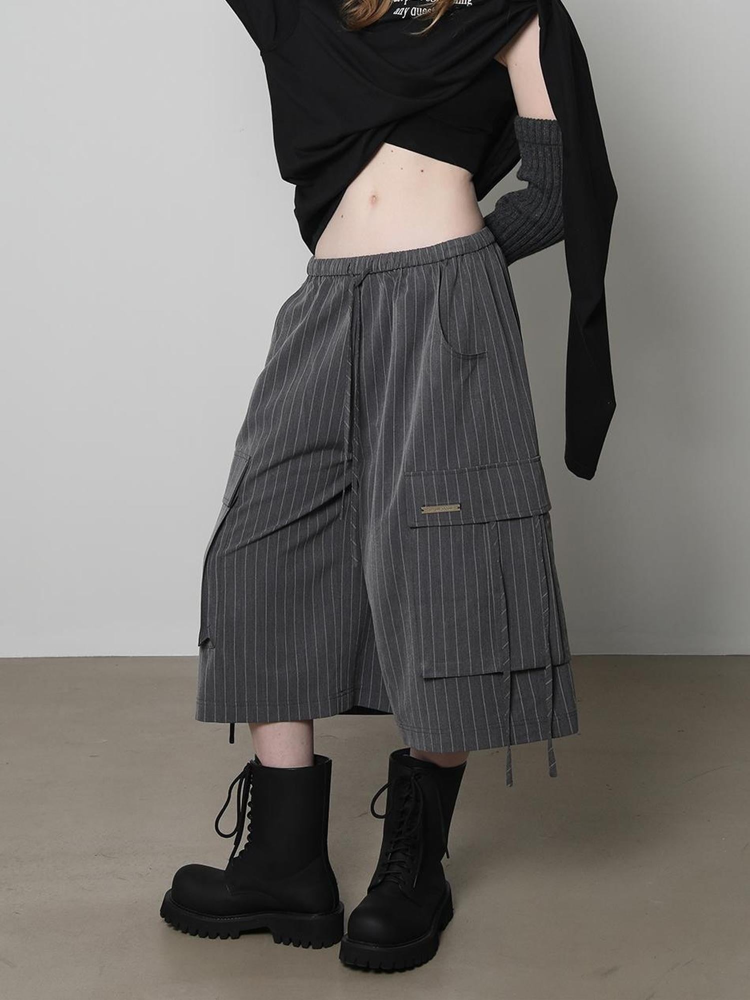 Striped Elastic Waist Pocket Women&