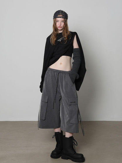 Striped Elastic Waist Pocket Women&