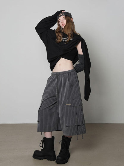 Striped Elastic Waist Pocket Women&