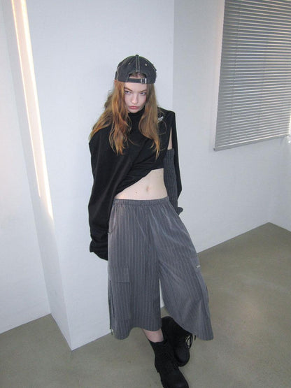 Striped Elastic Waist Pocket Women&